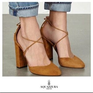 Aquazzura Karlie Tan Suede Lace-Up Heels 36 1/2